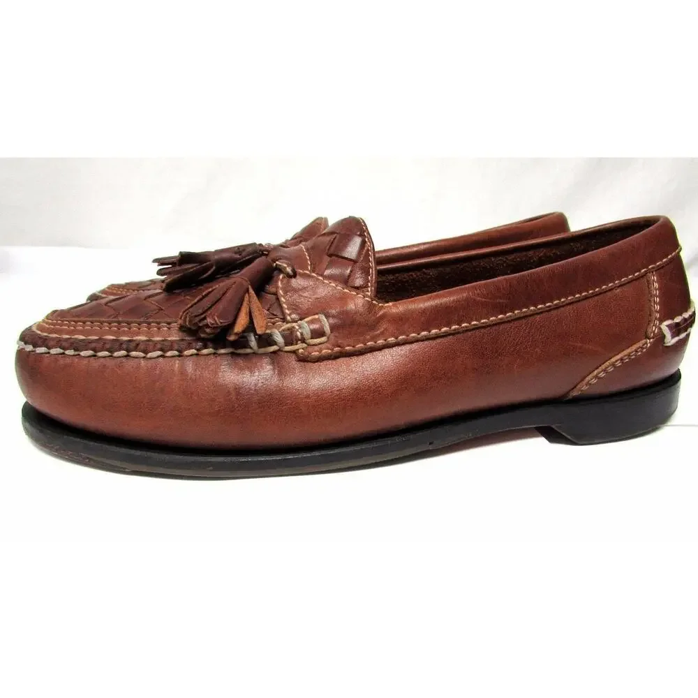 Johnston & Murphy men's 9.5 M Brown leather woven weave dress shoes tassels